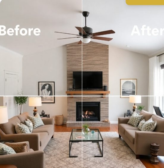 Before and after comparison of a Chennai living room transformation by Dreamcraft Interiors